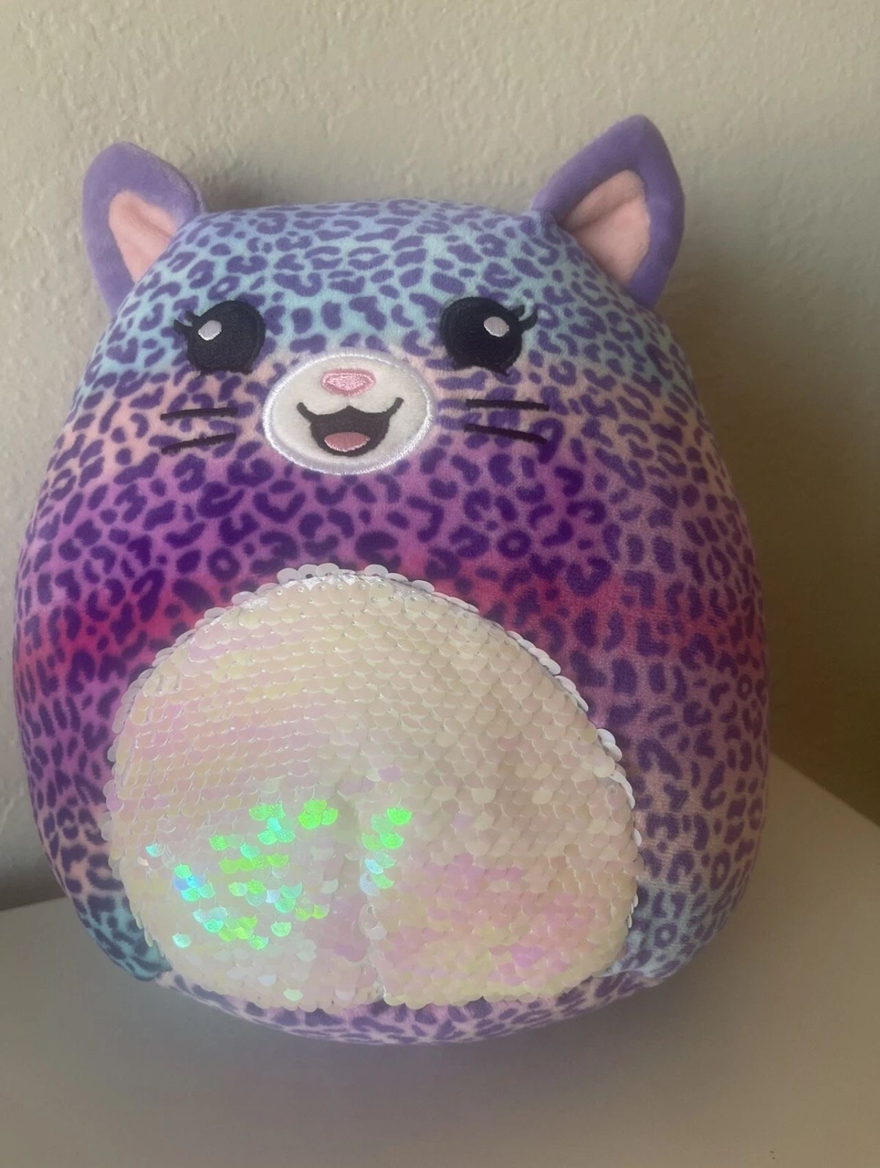 Squishmallow 8” Scented Mystery Squad Plush Sequin Belly Purple Cat Leopard