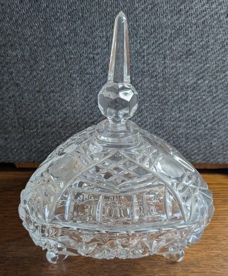 Vintage Cut Glass / Crystal Covered & Footed Candy Dish w/ Finial