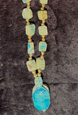 vintage Egyptian Revival hand-carved soapstone scarab necklace