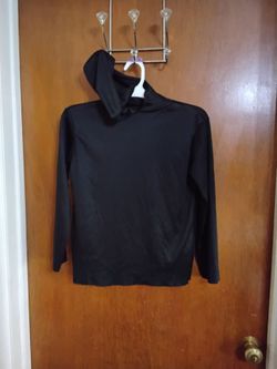 Black Turtleneck Long Sleeve Hoodie. Nylon Top.