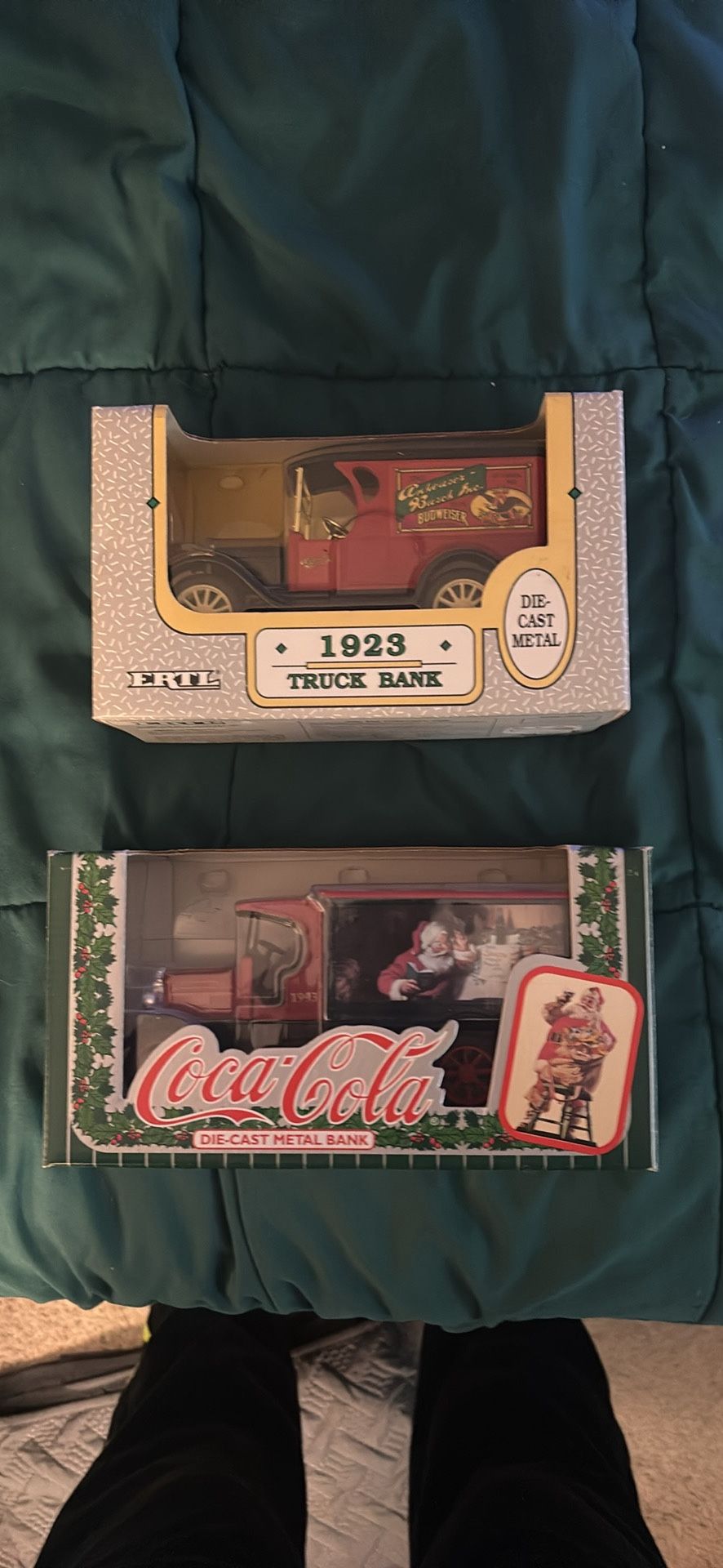 2 Vintage Die-Cast Metal bank trucks. (Coca-Cola (1993) & Budweiser (1992)) 6”-8”)