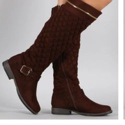 Bamboo Quilted Suede Zipper Trim Riding Knee High Boots