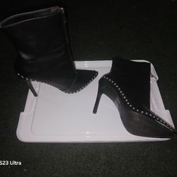 6½ Women's High Heel Ankle Booties Beads Studded Two Zippers Pointed Toe