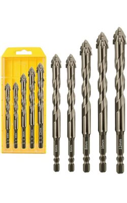 5 Piece 4 Tooth Drill Bit High Strength Eccentric Drill Bit Set for Concrete/Glass/Cast Iron/Tile/Wood. Hexagonal Shank Drills, Short bits, Reduced Vi