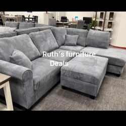 Stylish 3-Pc Corduroy Sectional Sofa With Storage Ottoman + USB Ports 