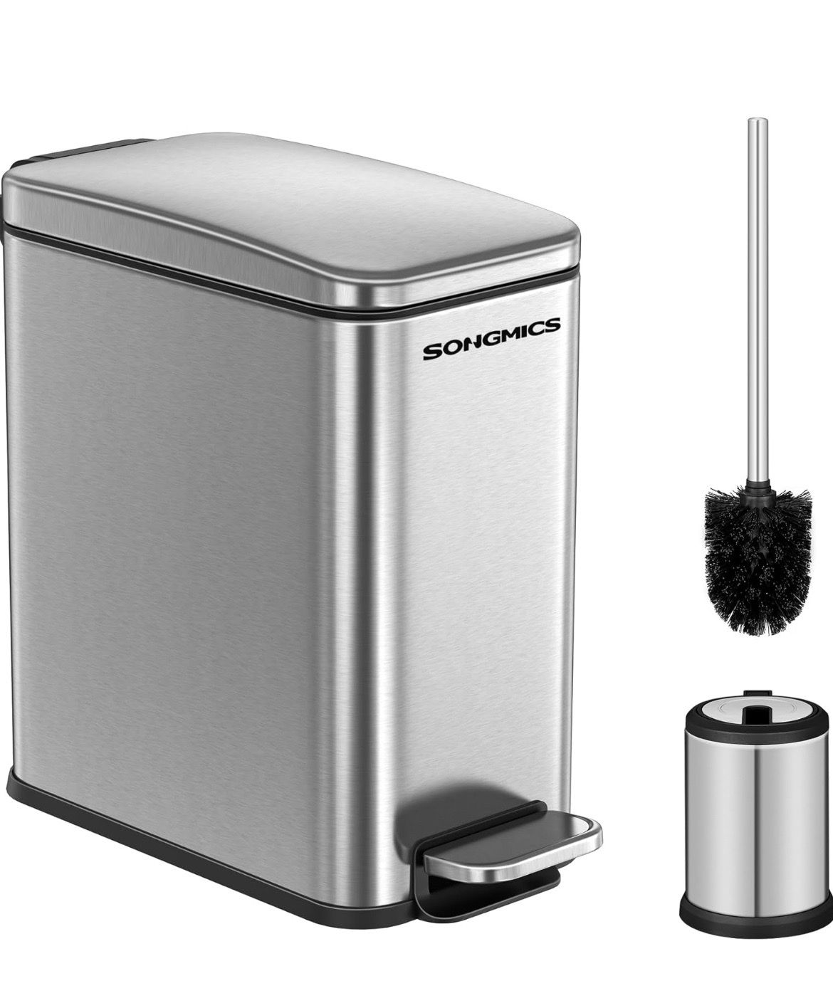 SONGMICS 1.3 Gallon Bathroom Trash Can w/ Toilet Brush Set - Silver