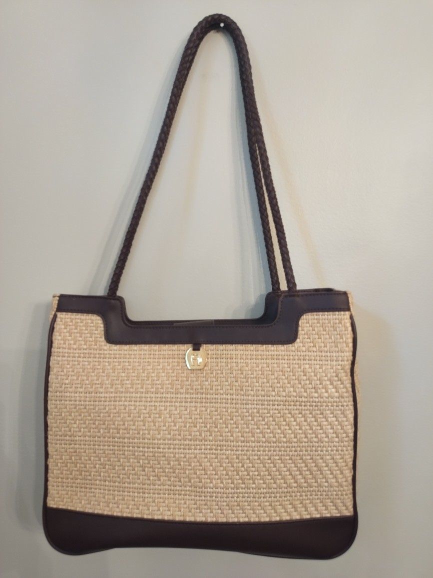 ETIENNE AIGNER Cream & Brown Jute Woven Handbag & Wallet
