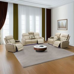 Brand New Beige Gel Leather Power Reclining Sofa & Loveseat