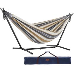 Vivere Double Cotton Hammock with Space Saving Steel Stand, Upgraded Polyester End Strings 450 lb Capacity - Premium Carry Bag Included - (Desert Moon