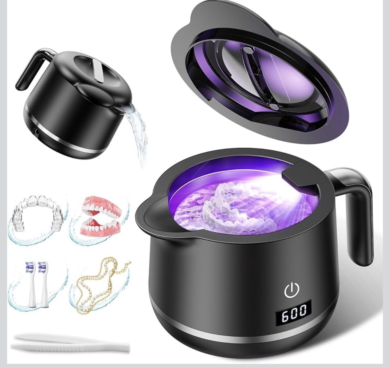 Ultrasonic Retainer Cleaner Machine - 45kHz Ultrasonic Cleaner - 200ML Mouth Guard & Denture Cleaner Pod & Jewelry - 5 Modes with Digital Timer - Upgr