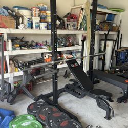 96” Olympic Squat Rack/Pull-Ups/Dips/Heavy Duty Bench/220 LBS BUMPER Plates,45 LB Olympic Matching Bar