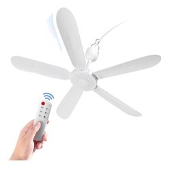 28" Inch Ceiling Fan AC 110V/DC 12V Indoor Outdoor Gazebo Electric Fans for Tent with Remote Control Portable Hanging Plug in No Light White Bedroom P