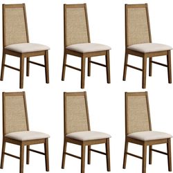 Set of 6 - Solid Wood Dining Room Chairs with Rattan Decor High Back, Farmhouse Upholstered Kitchen