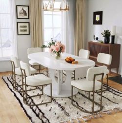 59'' Extendable White Round Dining Set, Modern Oval Dining Room Set With 6 Chairs 🌱