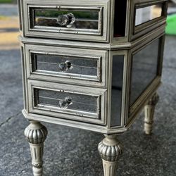 Horchow Dresden Antiqued-Mirrored Distressed Side Table Nightstand, featuring mirrored glass
