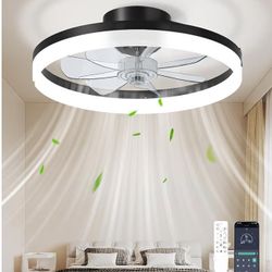 Ceiling Fan with Light, 20" Modern Low Profile Foldable Ceiling Fans with 6 Wind Speeds, Dimmable Smart Ceiling Fan Light with Remote for Bedroom, Kid