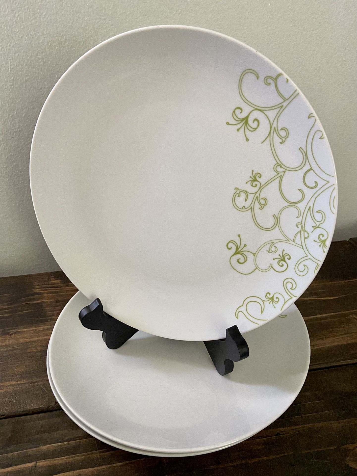 Rachael Ray CURLY-Q Green Scrolls White 10.5” Dinner Plates Set Of 3