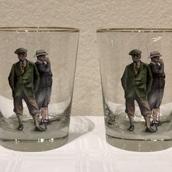 Set of 2 ~ Vintage Golfer Rocks Glasses ~ Gold Trim