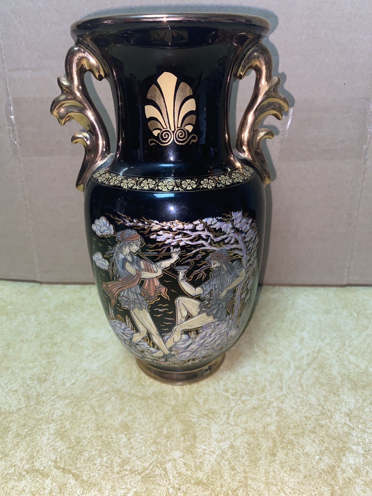 8.25 Inch 24k Black & Gold Handmade In Greece & Imported From Greece Greek Ceramic Vase