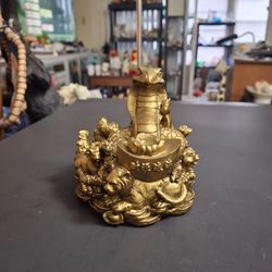 Golden Feng Shui Cobra Sculpture W/12 Lucky Chinese Zodiac Animals In Beautiful Gold Painted Resin, 4.25"H X 4.25"W Mint Condition-SEE DESCRIPTION