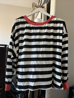 Bucket List Striped Sweatshirt Womens Black White Pink Trim Long Sleeve Relaxed Sz S