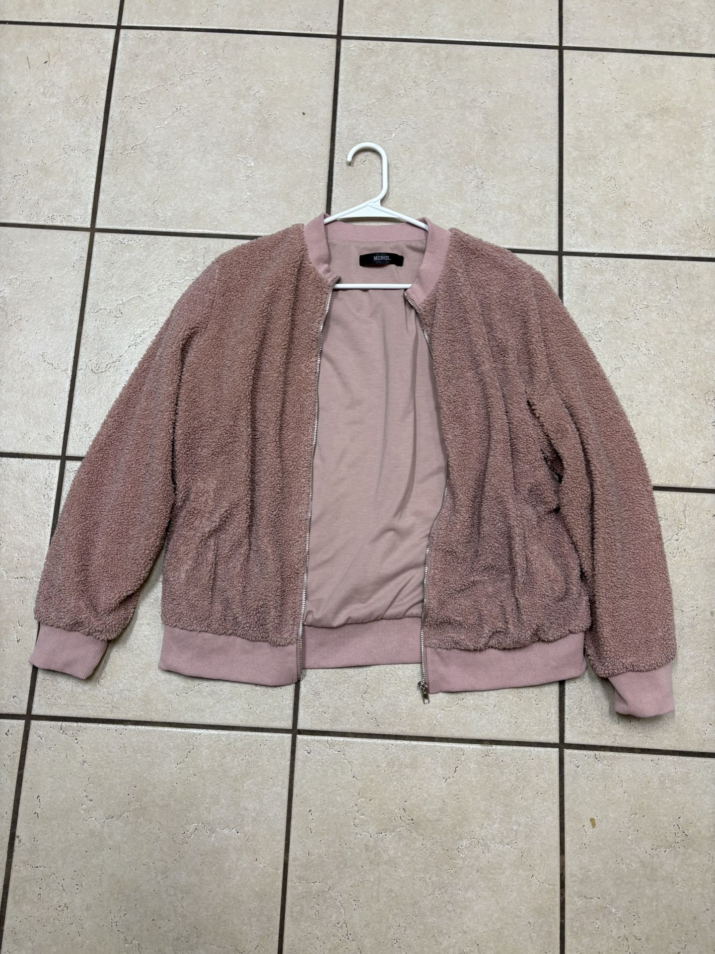 MIROL Sherpa Fleece Jacket Long Sleeve Casual Zip Up Bomber Coat Women L Pink