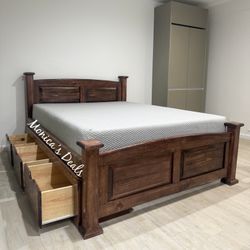 Queen Solid Wood Bed With 3 Drawers And Memory Foam Mattress $800