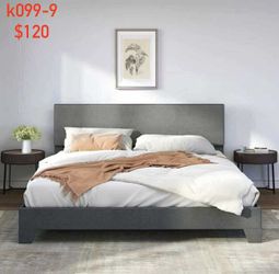 King Size Platform Bed Fame with Upholstered Adjustable Fabric Headboard, Dark Grey（099-9）