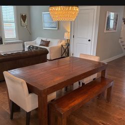 Custom Wood Dining room Table Two Benches And Two End Chairs
