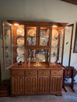 Large Oak China Cabinet Hutch with Lighting