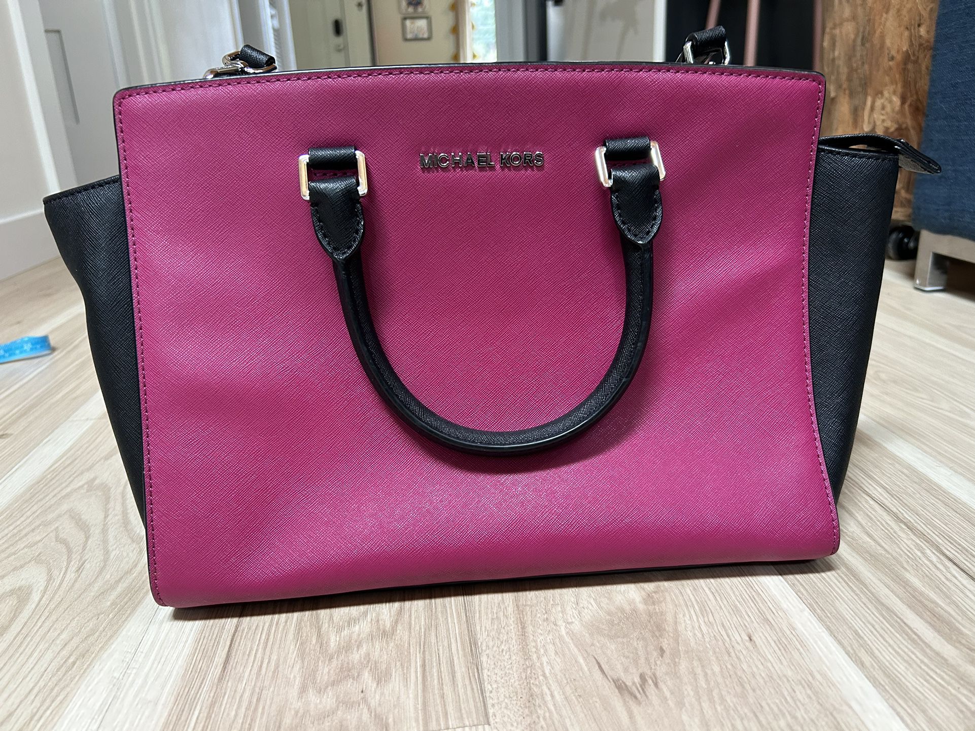 Michael Kors Selma Large Colorblock Satchel Pink Leather Handbag