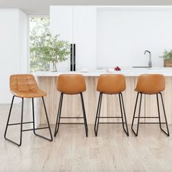 24”H Upholstered Faux Leather Bar Stools, Whiskey Brown (Set of 4)
