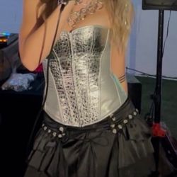 Silver Large Womens Steampunk Leather Corset: Gothic Faux Leather Corsets Top Halloween Costumes Photoshoot for Cosplay Lovers