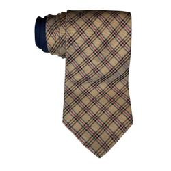 Tommy Hilfiger Dark Academia Plaid Silk Tie Beige Ivy League Vintage Necktie