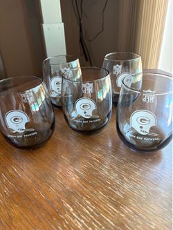 Set of 5 Green Bay Packers Glass Tumbler 4.25” high Smoked Grey