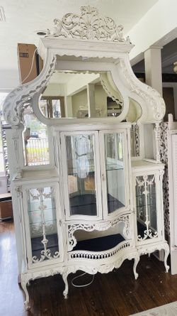 Antique Curio Display Tall White Cabinet From England Curved Glass Ornate Carved Header