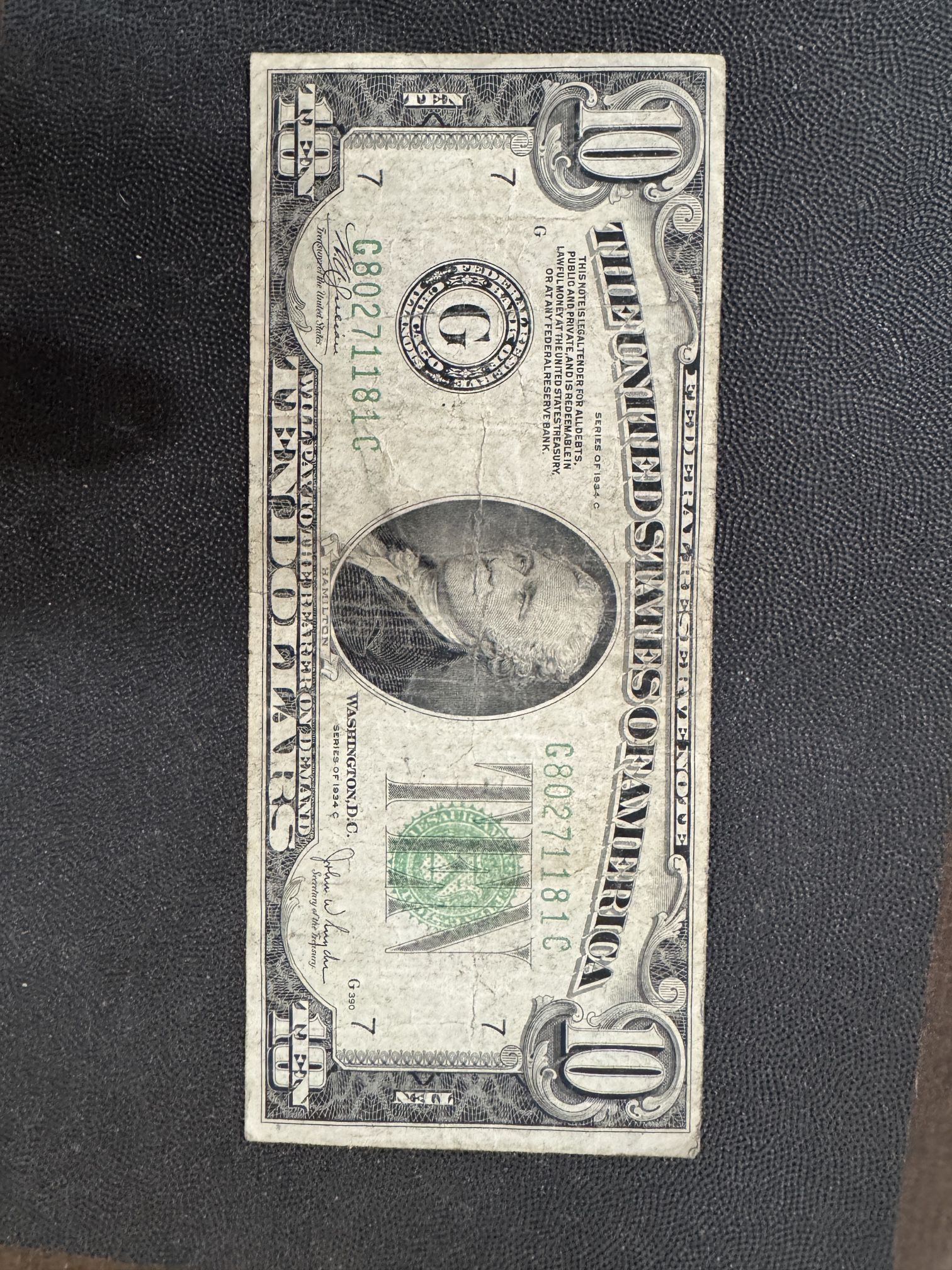 This is a 1934 series C ten-dollar Federal Reserve Note.
