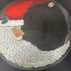 EUC Peggy Karr Art Glass 14" Round Christmas Crescent Santa Face St Nick Platter