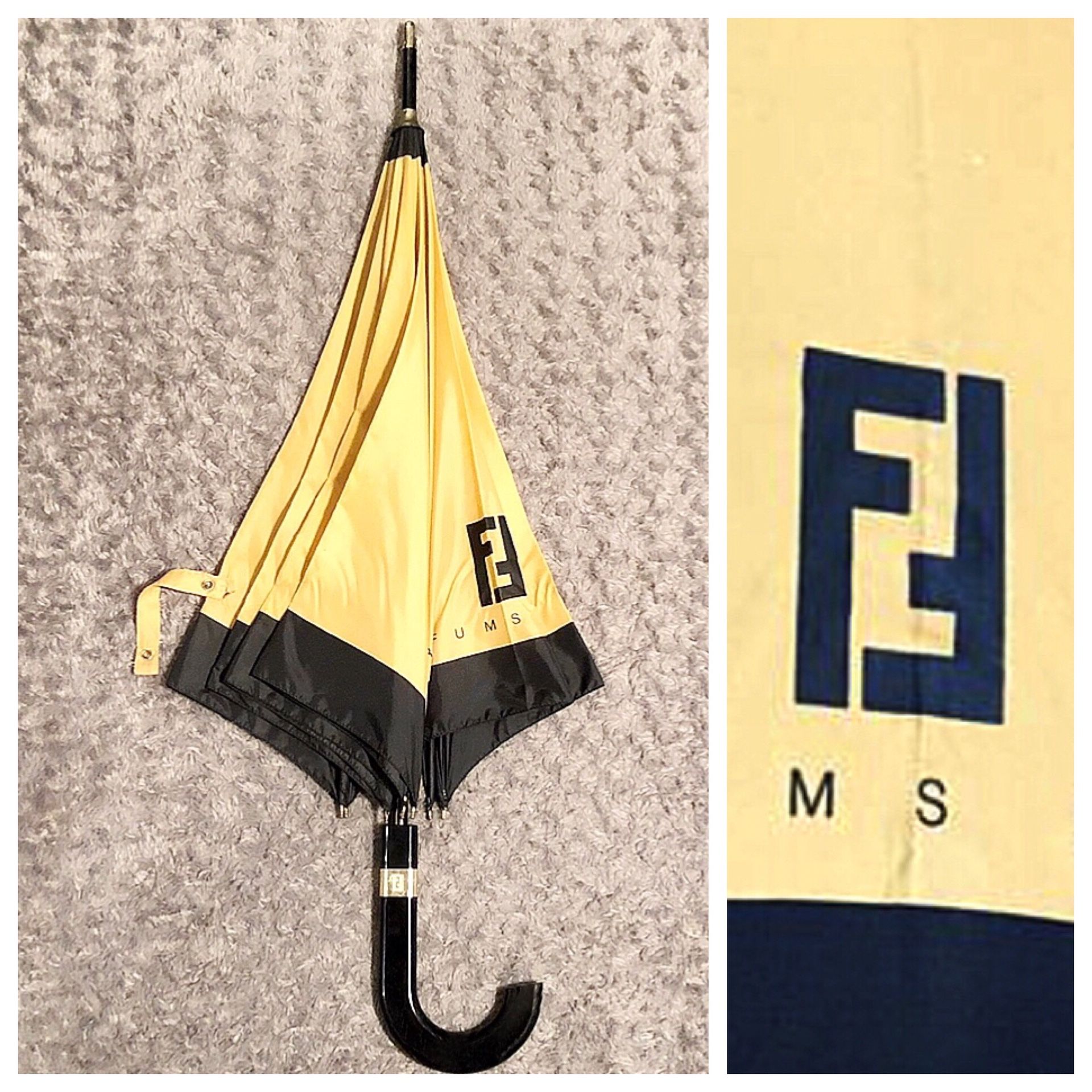 Fendi 80’s vintage Zucca FF print umbrella. This is a rare find Large Fendi perfumes umbrella in great condition! Black & Gold great for rain or Sha