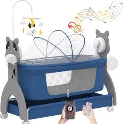 Rocking Baby Crib With Locking Wheels, Baby Bassinets Bed Sleeper For Newborn With Remote Connection,Portable Baby Cradle For Infant With 3-Speed Swin