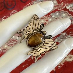 Vintage Taxco Sterling Silver Butterfly Ring w/ Tiger’s Eye – Signed JSS