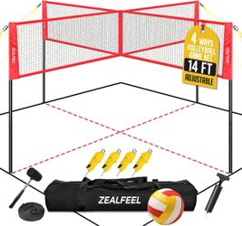 New 4 Square Volleyball Net 14FT - 4 Way Set, 3 Adjustable Heights