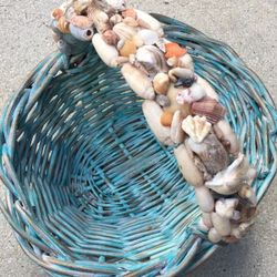 Hand painted blue and gold basket with shells on the handle