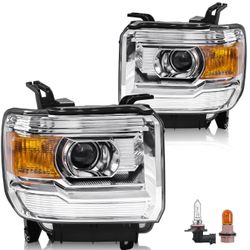 Headlight Assembly Compatible with GMC Sierra 2014-2018 1500 | 2015-2019 2500HD/3500HD Base/Denali/SLE/SLT, Halogen Headlamp Replacement W/O LED DRL, 