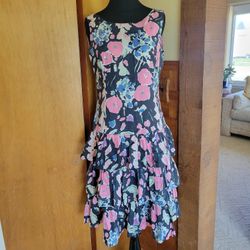 Vintage 1980s Laura Ashley Floral Sweetheart Drop Waist Dress Black Pink Sz 12
