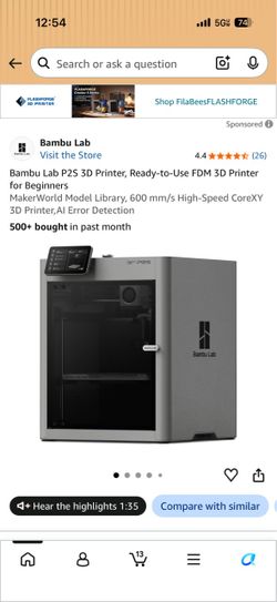 Bambu Lab P2S 3D Printer, Ready-to-Use FDM 3D Printer for Beginners MakerWorld Model Library, 600 mm/s High-Speed CoreXY 3D Printer,AI Error Detection
