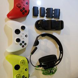 3 Xbox Remotes W/ Battery Packs And Headset