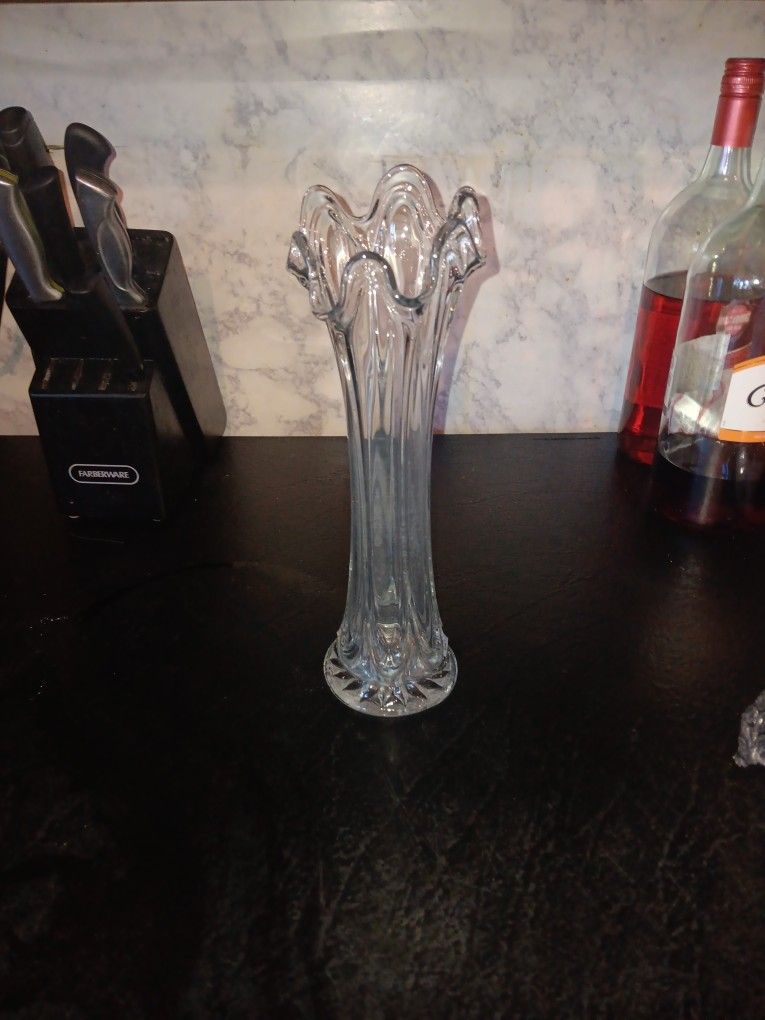 Vintage Fluted Pressed Glass Ribbed Flower Vase 12 inches Tall Flared Petal Top
