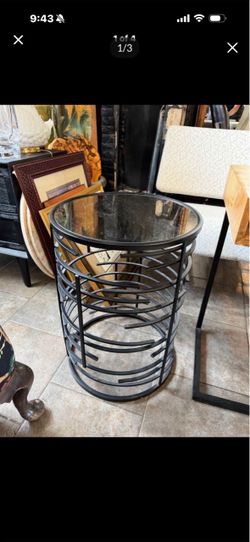 Antique metal base mirror top Round table 16 wide 22 tall