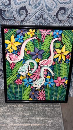 Beautiful vintage colorful Haitian painting on canvas signed by artist